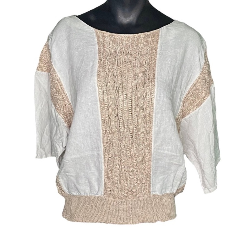 Vintage 80s Mondi White Batwing Sleeve Shirt with Beige Cable Knit panels 40 M L